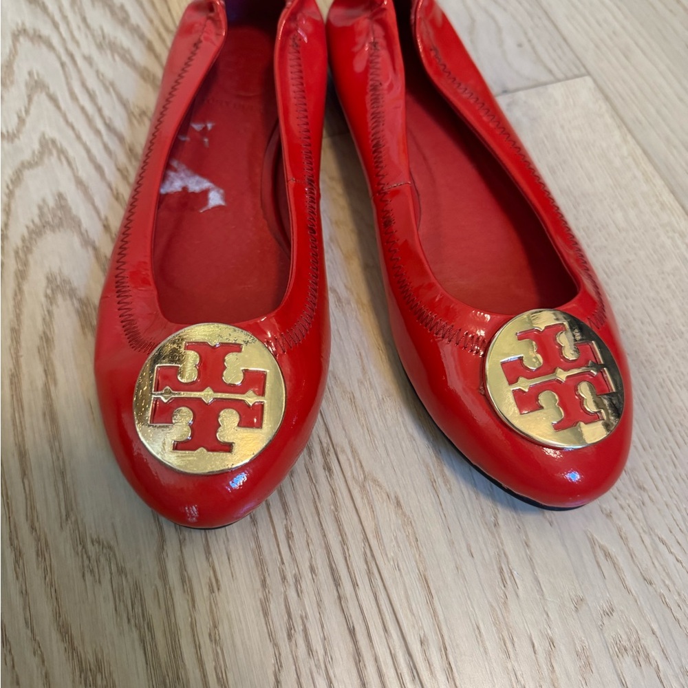 Tory Burch Red Flats with Gold Logo